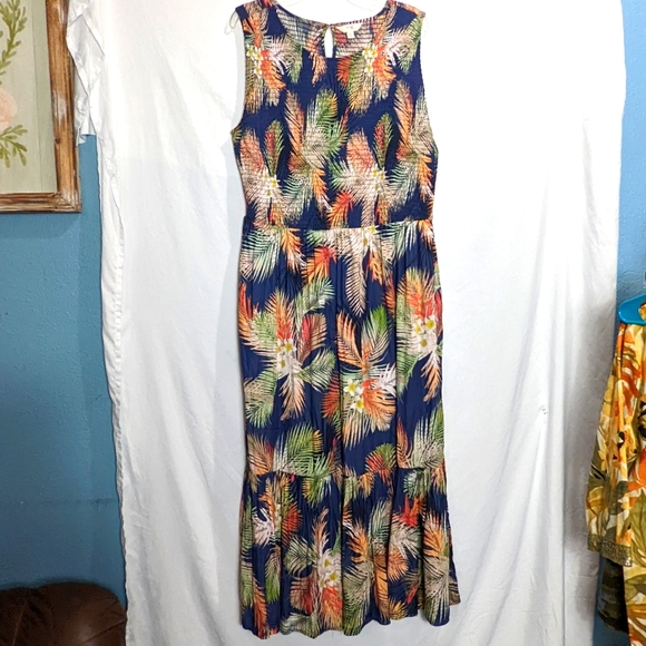 Terra & Sky 1X Maxi Dress Blue Floral Tropical Tassled Pockets Sleeveless 16 18 - Picture 1 of 13